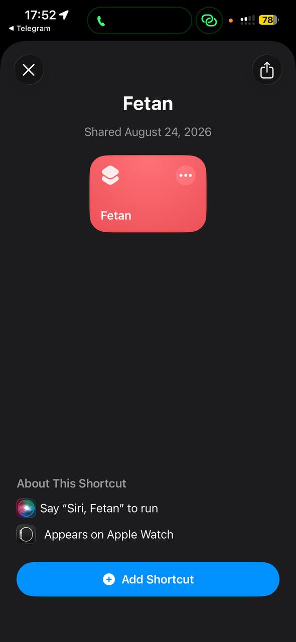 The Add Shortcut screen showing the Fetan shortcut