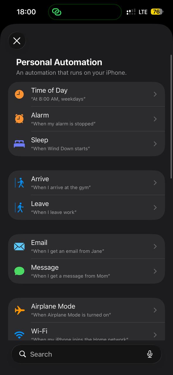 The Personal Automation list with the Message option
