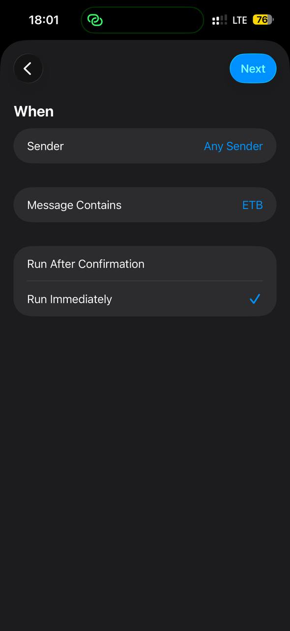 The When screen with ETB entered and Run Immediately selected