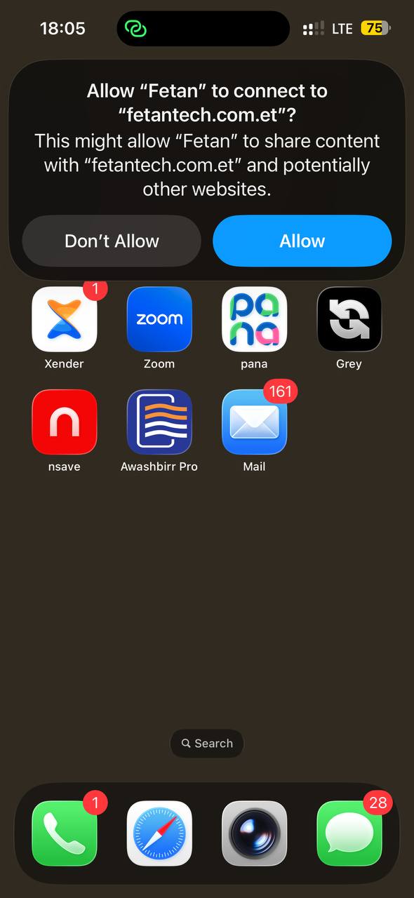 The iOS prompt asking to allow Fetan to connect to fetantech.com.et
